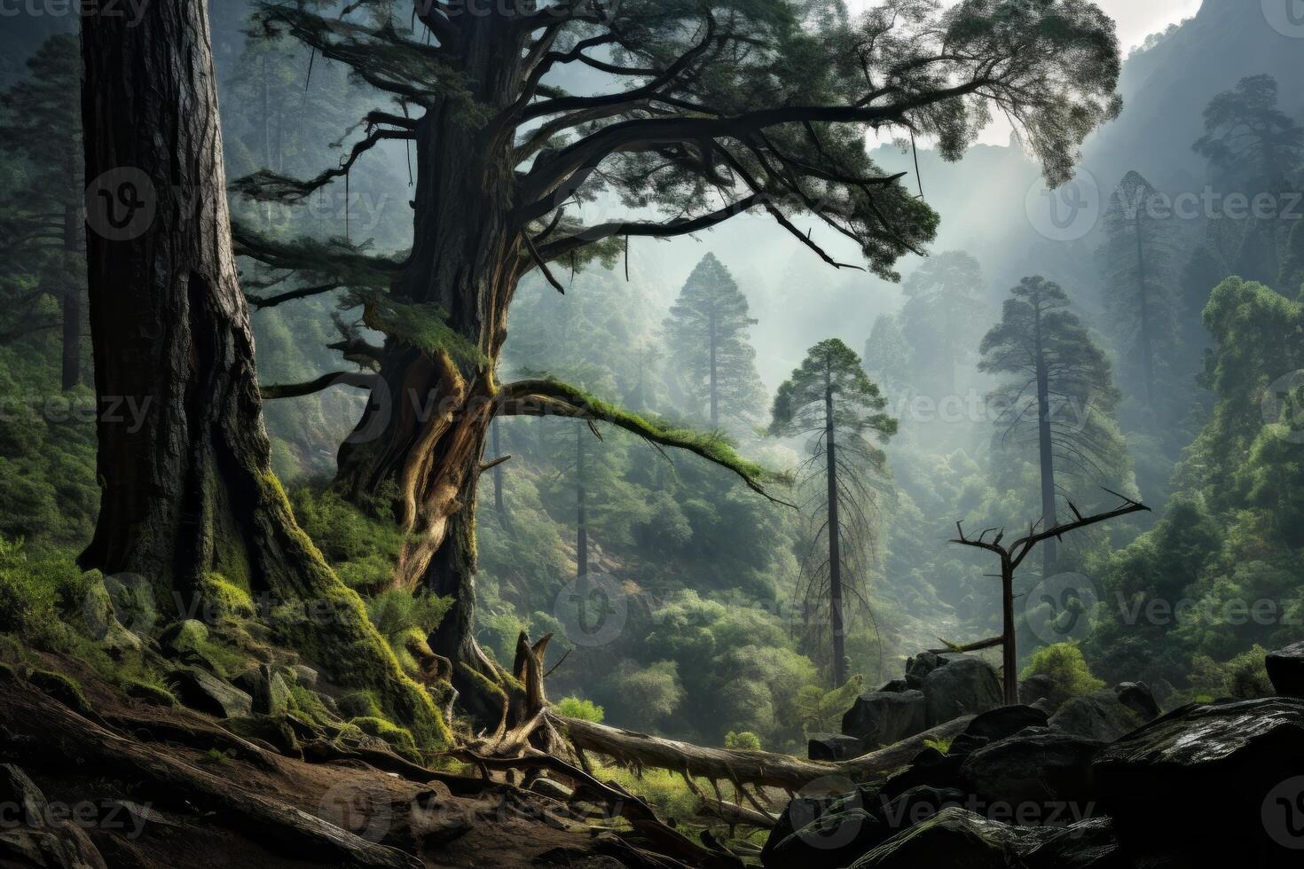 AI generated Ancient trees creating an awe-inspiring forest vista. Generative AI photo