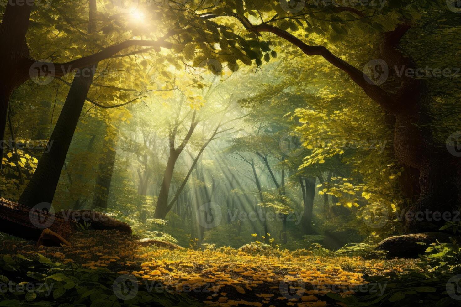 AI generated Ethereal forest scene with a canopy of leaves filtering sunlight. Generative AI photo