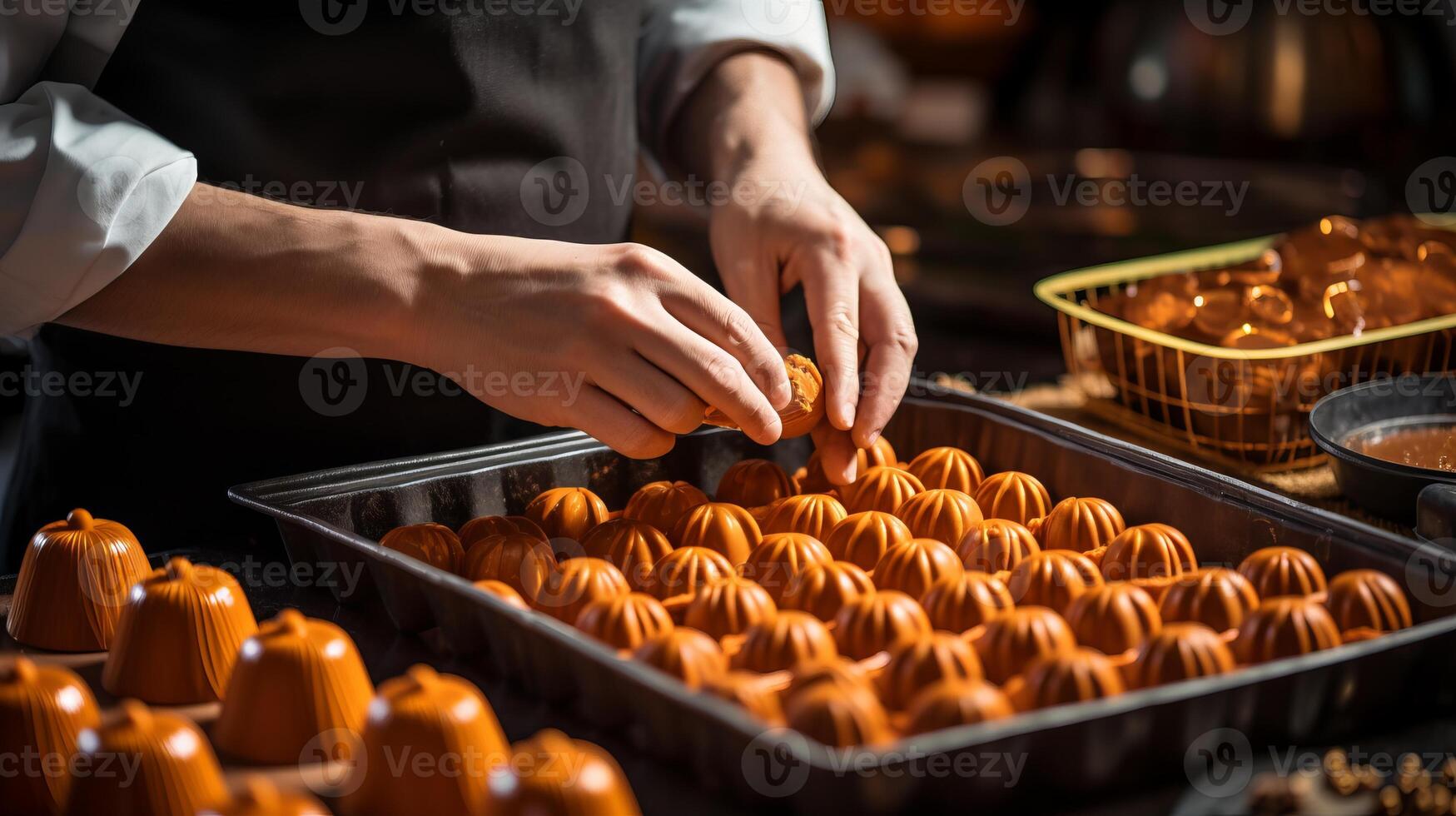 AI generated Close-up of a person's hands making pumpkin-shaped chocolates. Generative AI photo