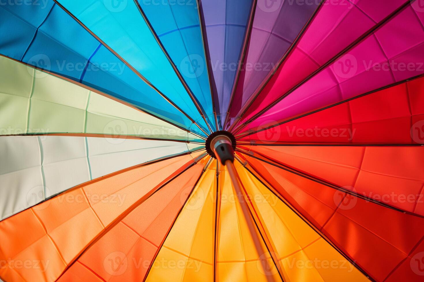 AI generated A close-up of a colorful afternoon beach umbrella. Generative AI photo