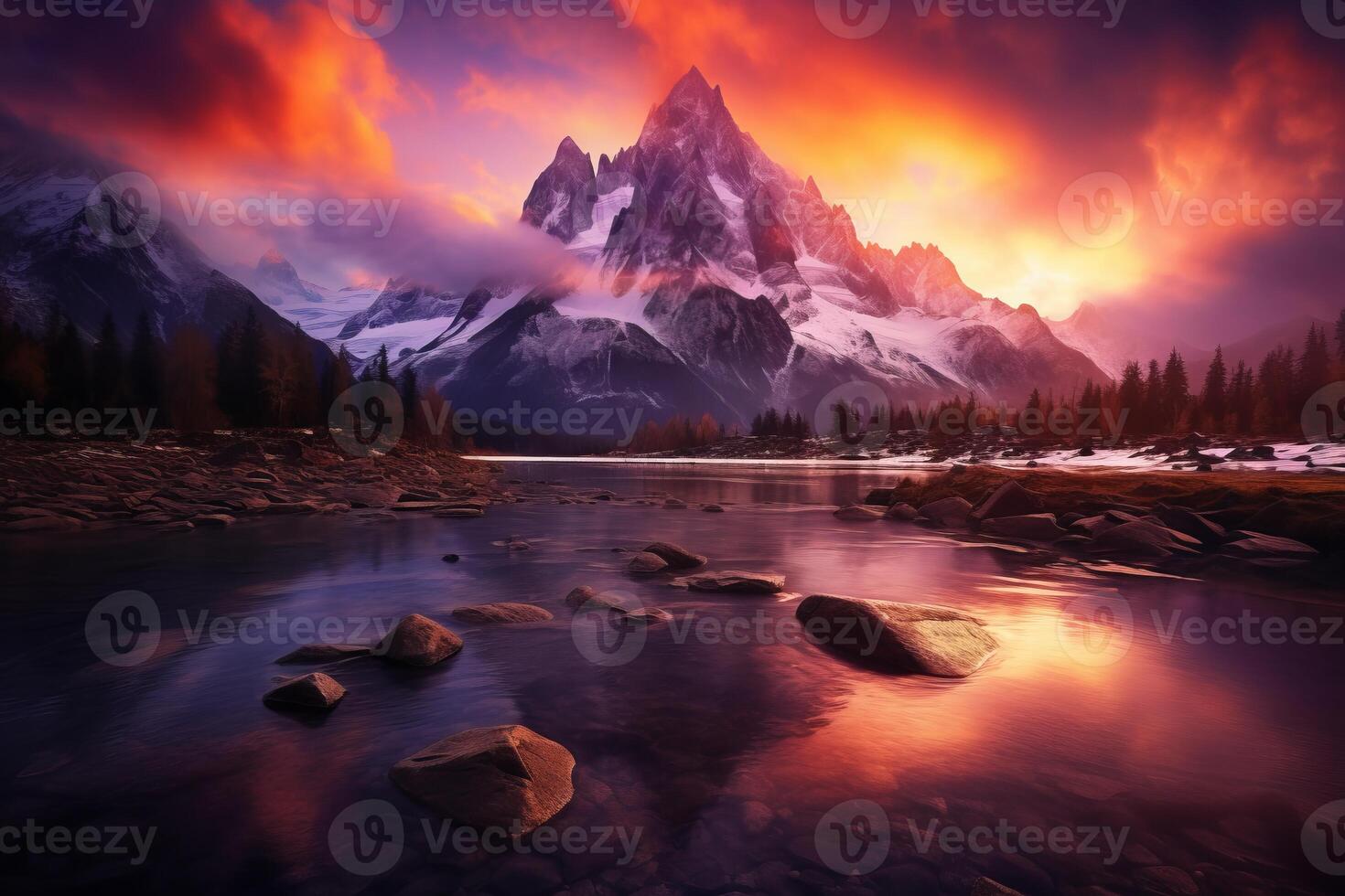 AI generated The dramatic colors of a mountain sunrise. Generative AI photo