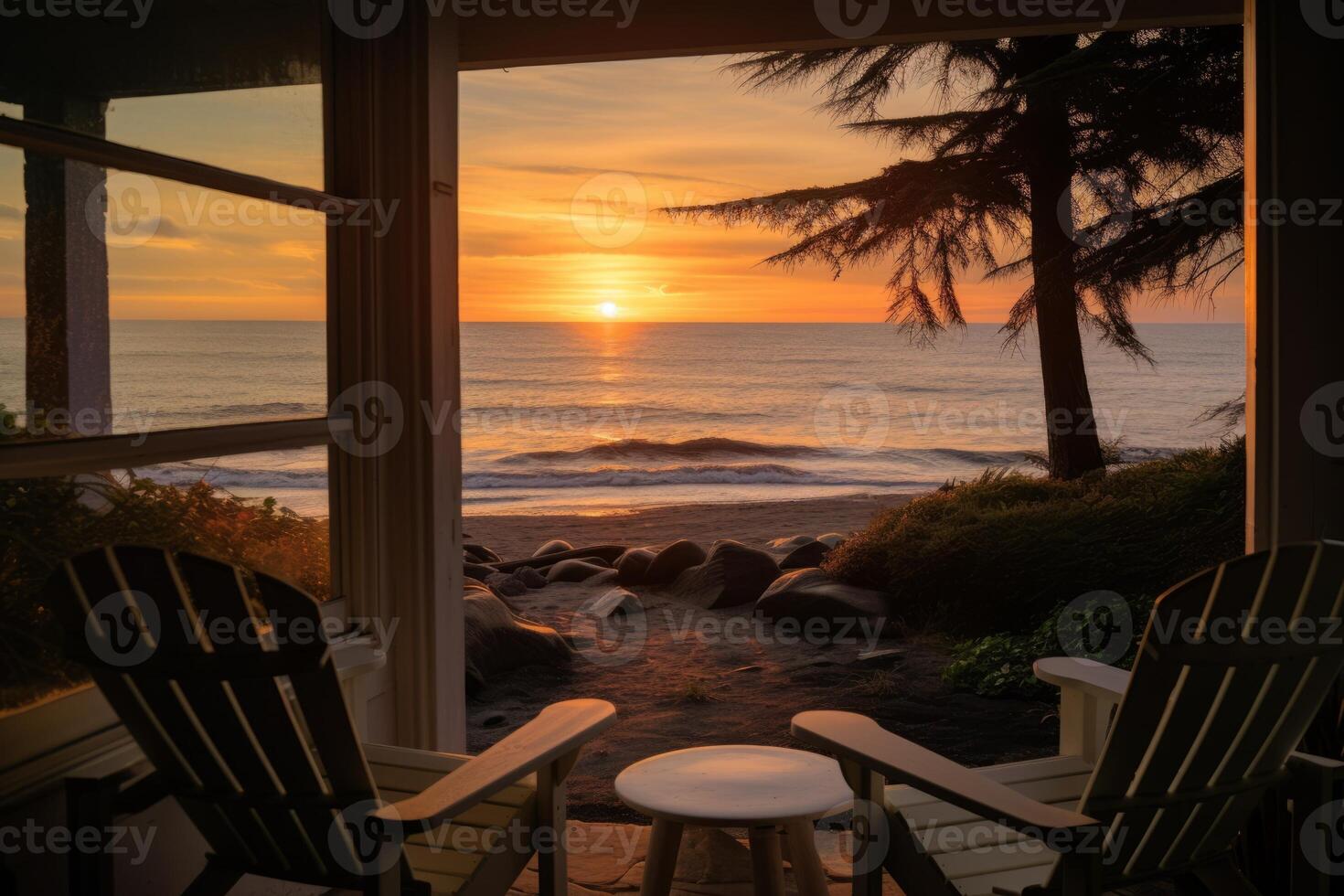 AI generated Sunrise over the ocean, seen from a cozy beachfront cottage. Generative AI photo
