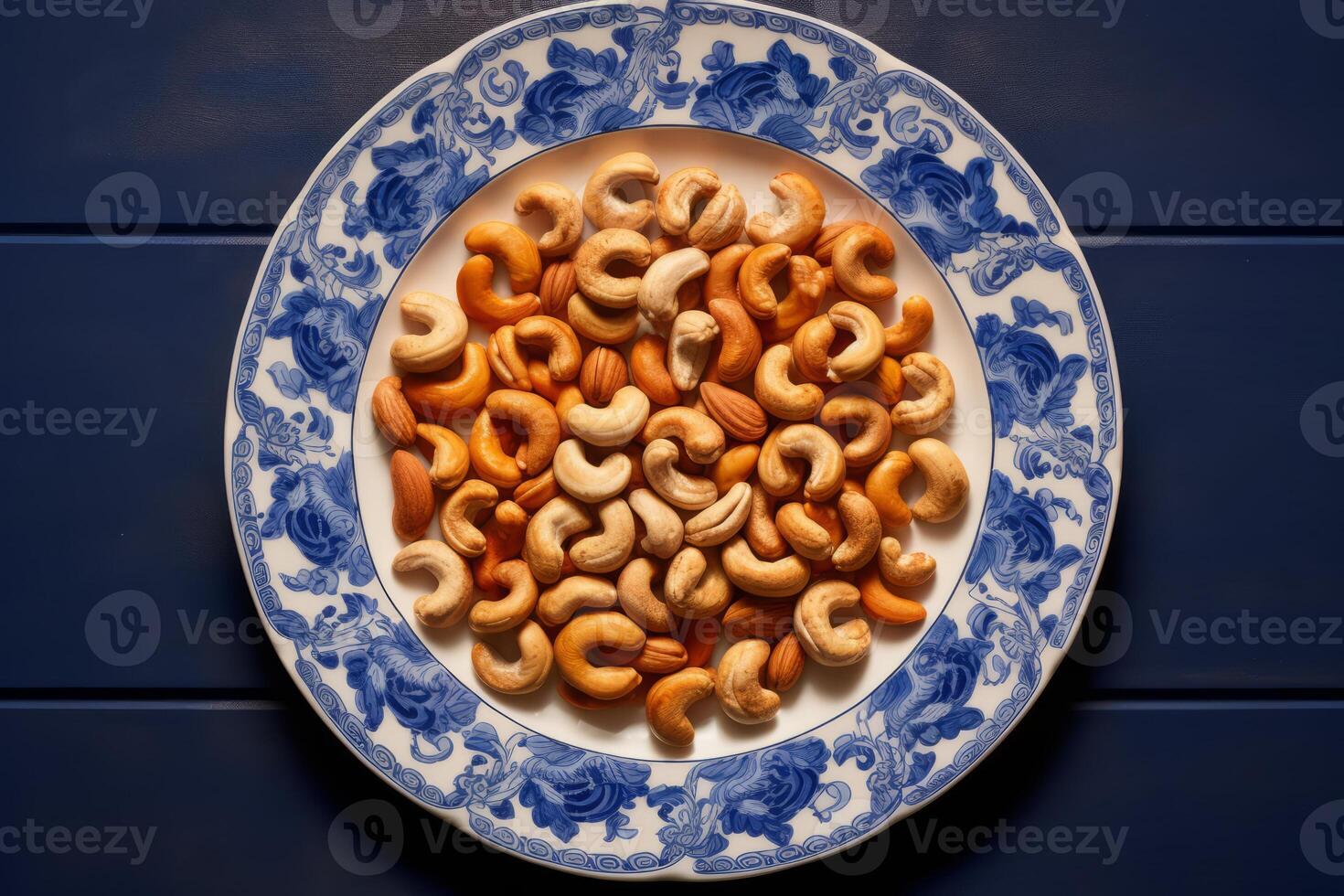 AI generated Cashew nuts arranged in an artistic pattern on a platter. Generative AI photo
