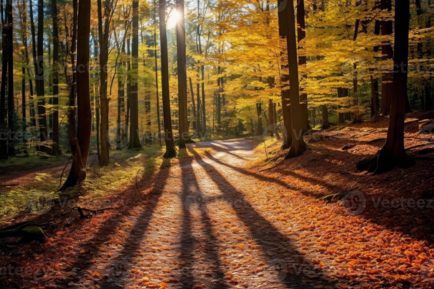 AI generated Autumn leaves on a forest path with dappled sunlight. Generative AI photo