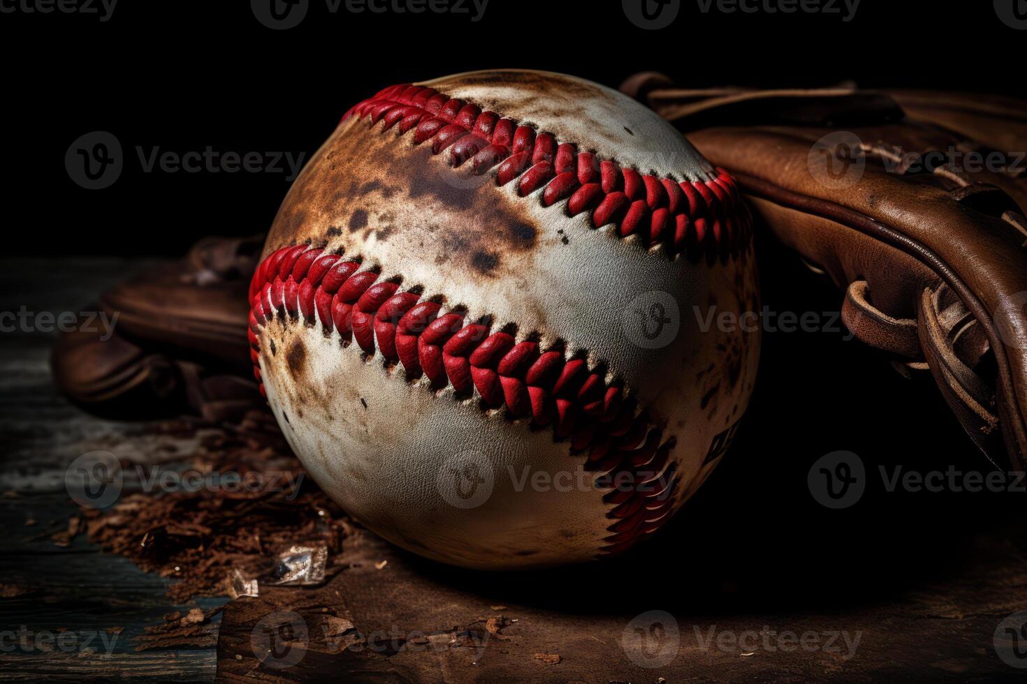 AI generated Baseball in the mitt after a strikeout pitch. Generative AI photo