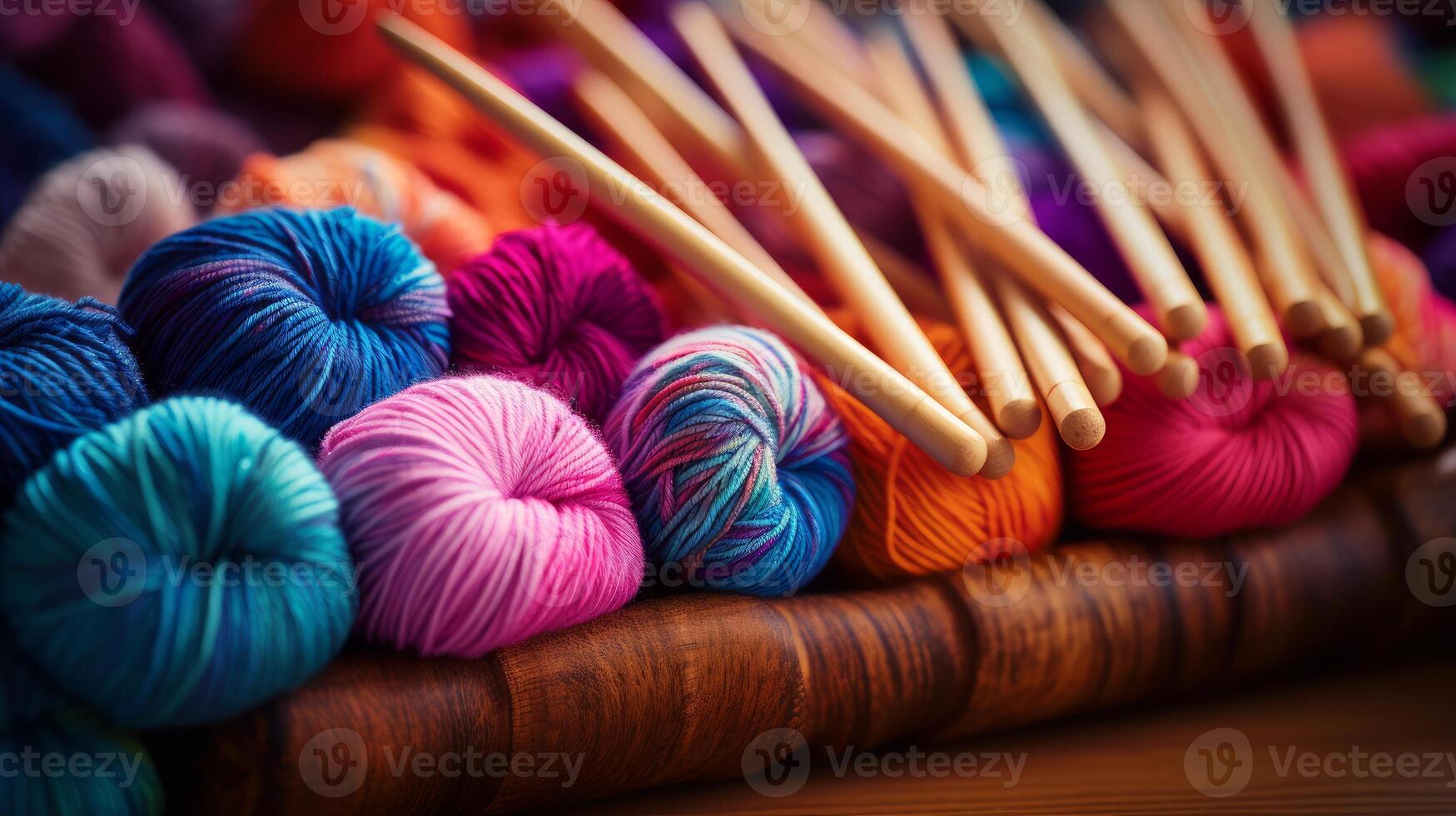 AI generated Knitting needles and colorful yarn. Generative AI photo