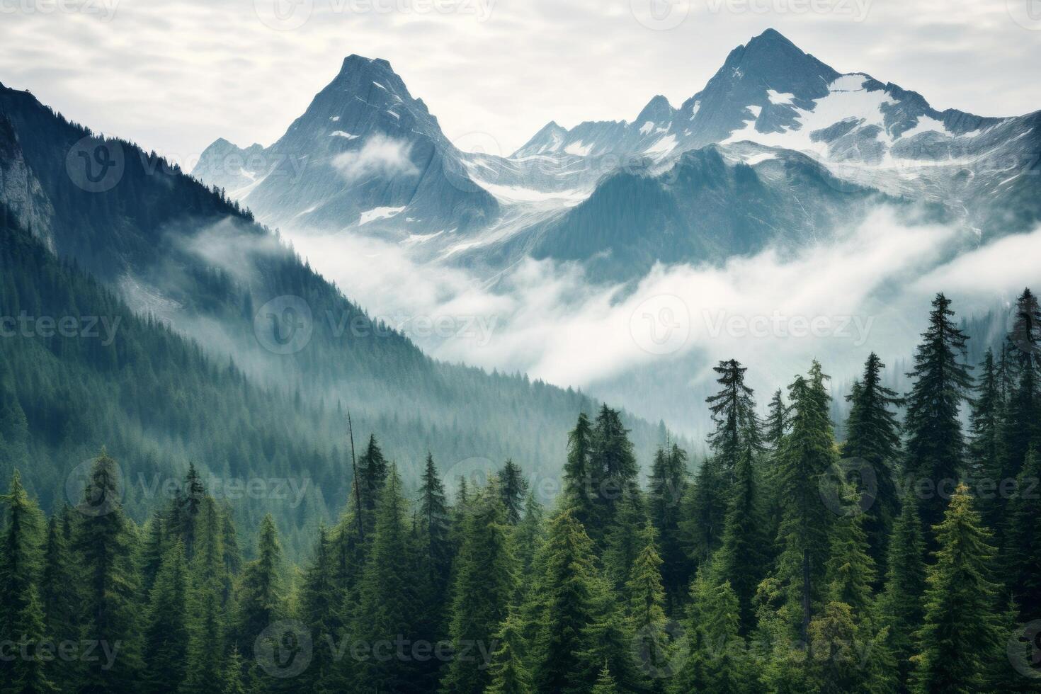 AI generated Majestic forested mountains covered in a thick blanket of trees. Generative AI photo