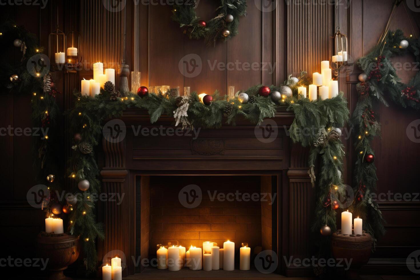 AI generated Fireplace with a bunch of lit candles in front of it. Generative AI photo