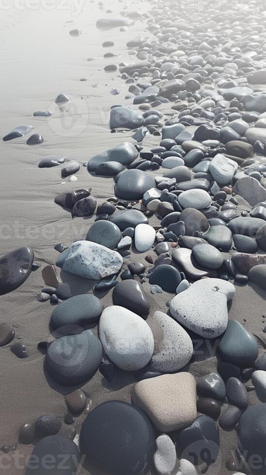 AI generated Gray pebbles scattered on the serene beach landscape Vertical Mobile Wallpaper photo