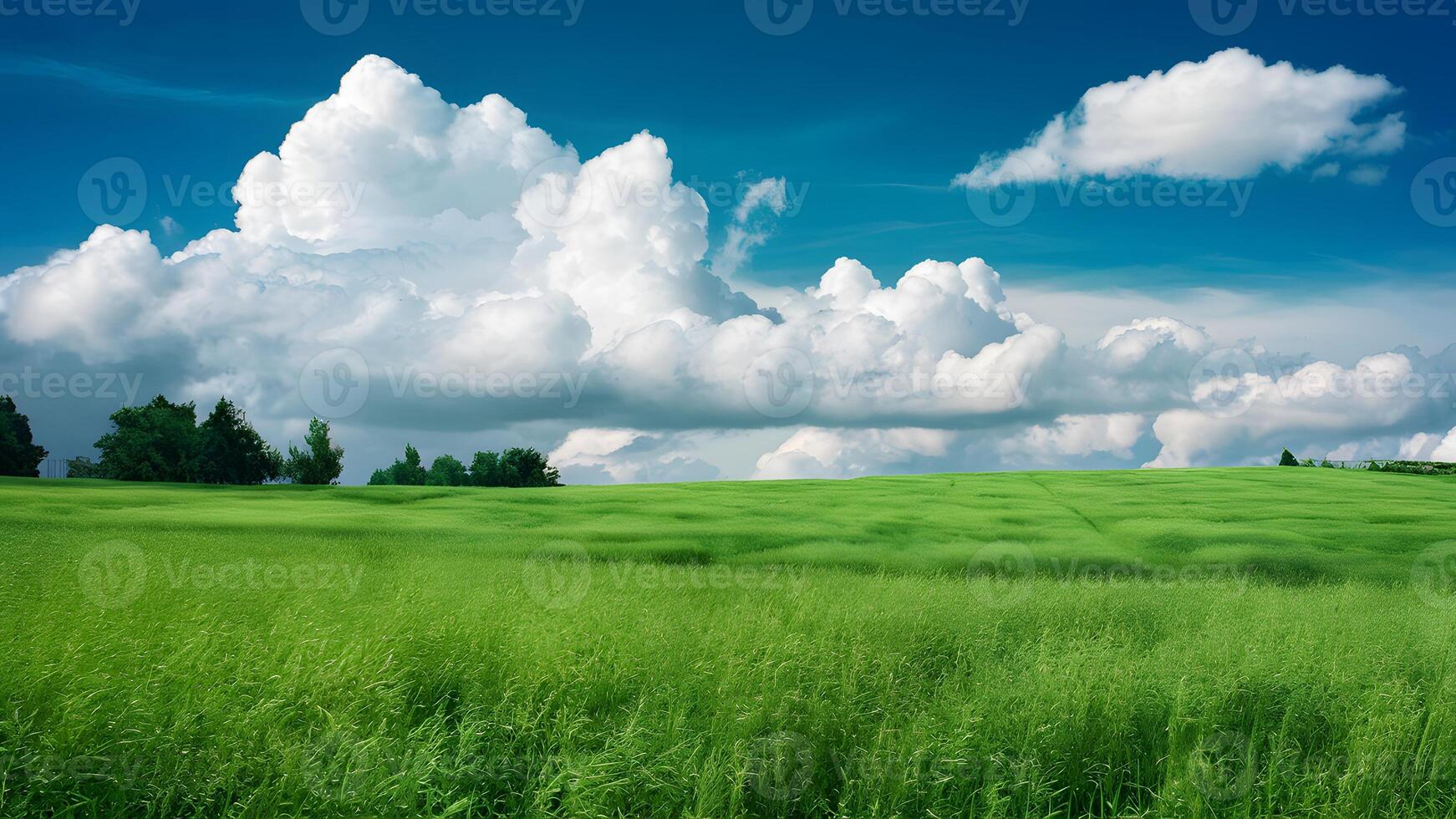 AI generated Summer environmental landscape concept featuring green grass and cloudscape art photo