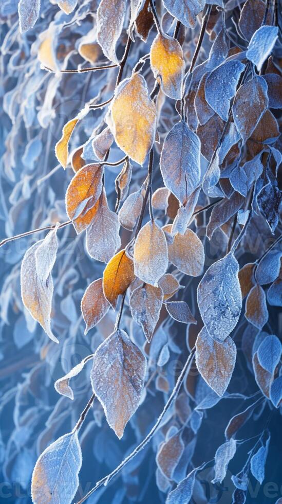 AI generated Extreme winter beauty Frost covered leaves in a tranquil snowy setting Vertical Mobile Wallpaper photo