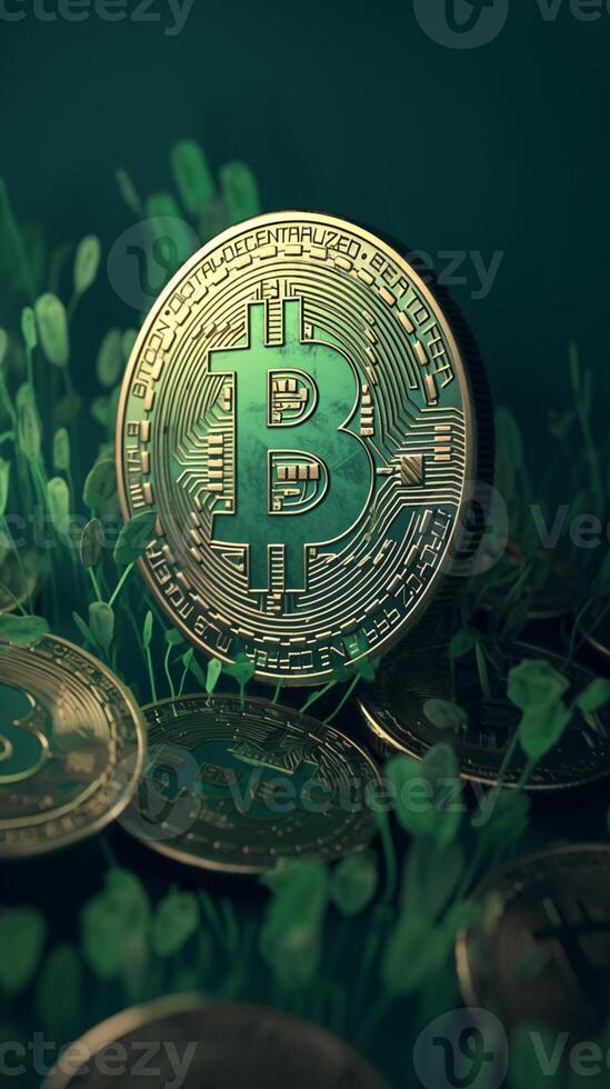 ai generado cripto riqueza monedas con bitcoin símbolo en un verde antecedentes vertical móvil fondo de pantalla foto