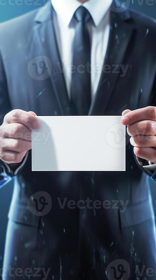 AI generated Grunge elegance Close up of a businessman holding a blank card Vertical Mobile Wallpaper photo