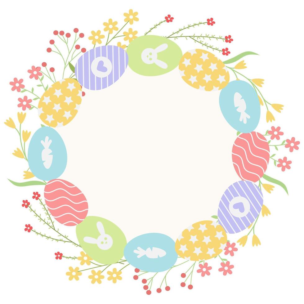 Happy Easter greeting card with colorful eggs in pastel colors for banners, for wedding invitations and for congratulations on spring and Easter vector