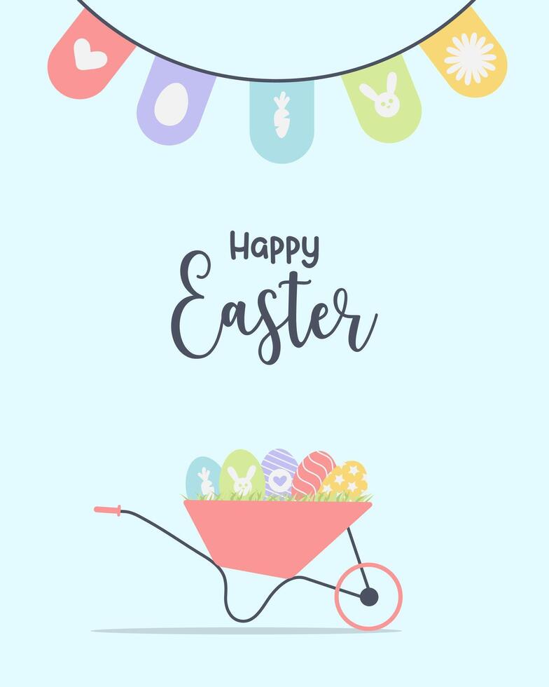 Pascua de Resurrección tarjeta con un carro de huevos y un guirnalda vector