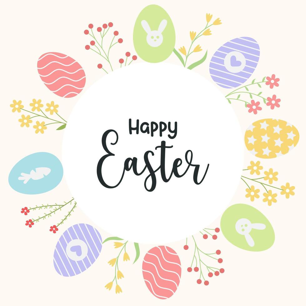 Happy Easter greeting card with colorful eggs in pastel colors for banners, for wedding invitations and for congratulations on spring and Easter vector