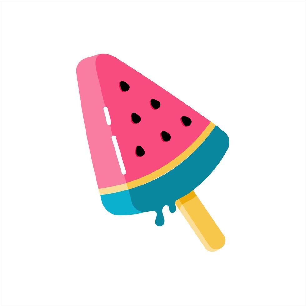 Vector watermelon ice cream on stick. Fresh and juicy fruits. Popsicle. Bright cute summer flat cartoon illustration in pink color.