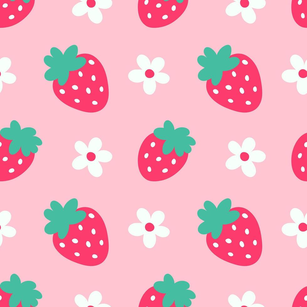 Strawberry flowers summer seamless vector children's pattern. Repeating background with summer fruits on pink. Cute design for fabric, gift wrap, packaging.