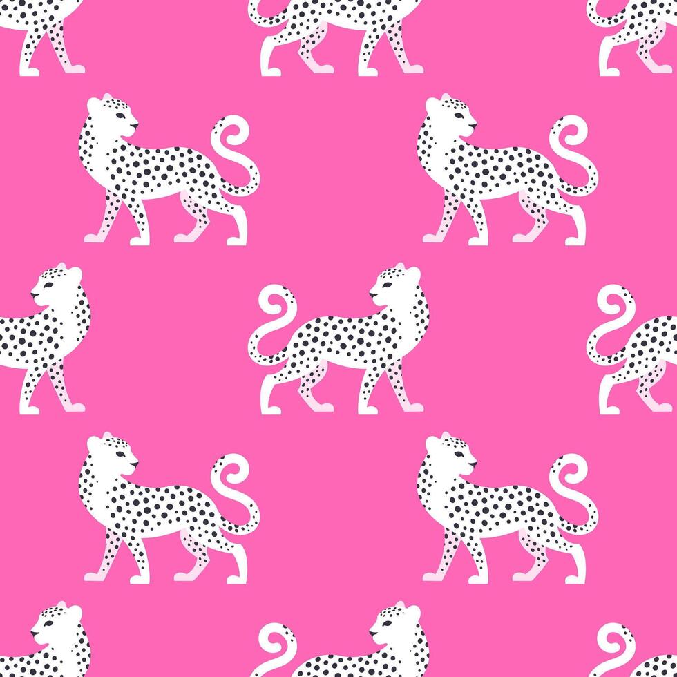 Modern seamless pattern with white spotted leopards on a pink background for textile, fabric, wallpaper, wrapping. vector