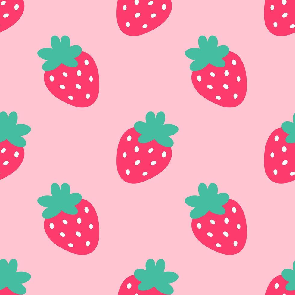 Strawberry summer seamless vector children's pattern. Repeating background with summer fruits on pink. Cute design for fabric, gift wrap, packaging.