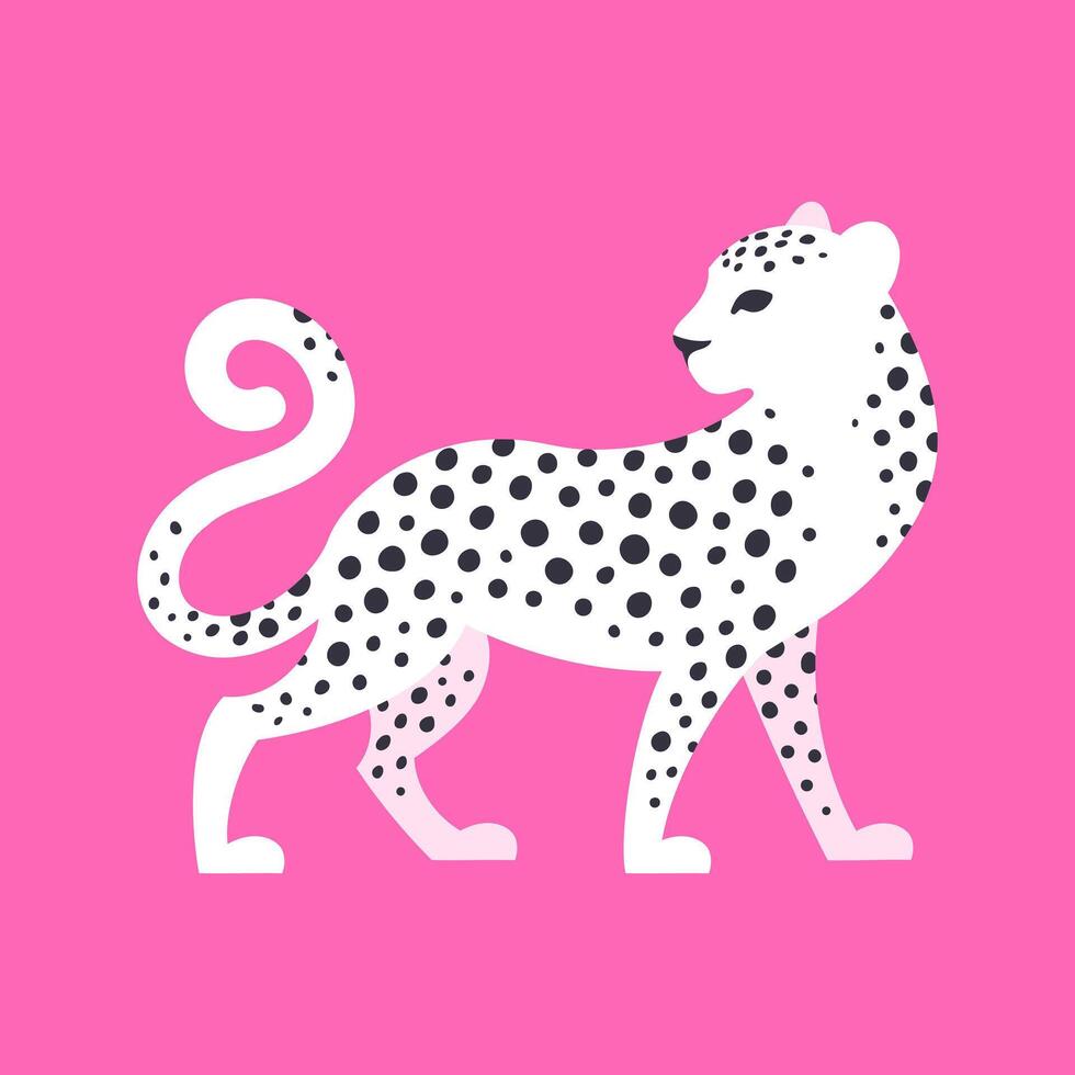 Beautiful white spotted leopard on a bright pink background. Graphic flat vector illustration of a wild feline animal.