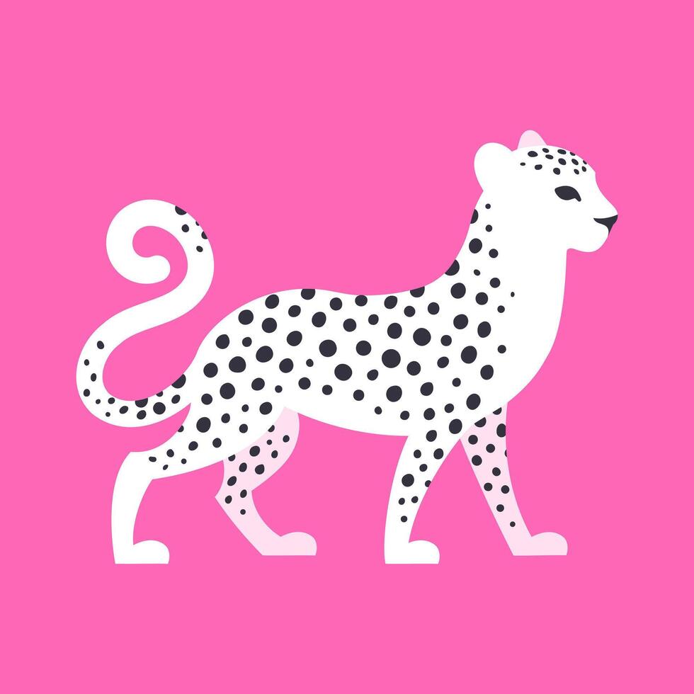 hermosa blanco manchado leopardo en un brillante rosado antecedentes. gráfico plano vector ilustración de un salvaje felino animal.
