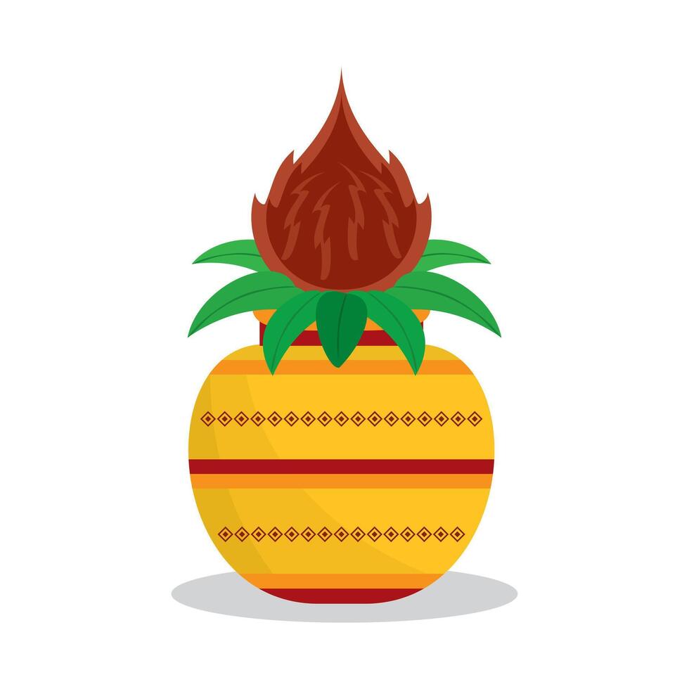 Traditional clay Kalash isolated on white. Hindu and Jain ritual element for puja. Sacral symbol of abundance, wisdom, and immortality. Vector illustration.