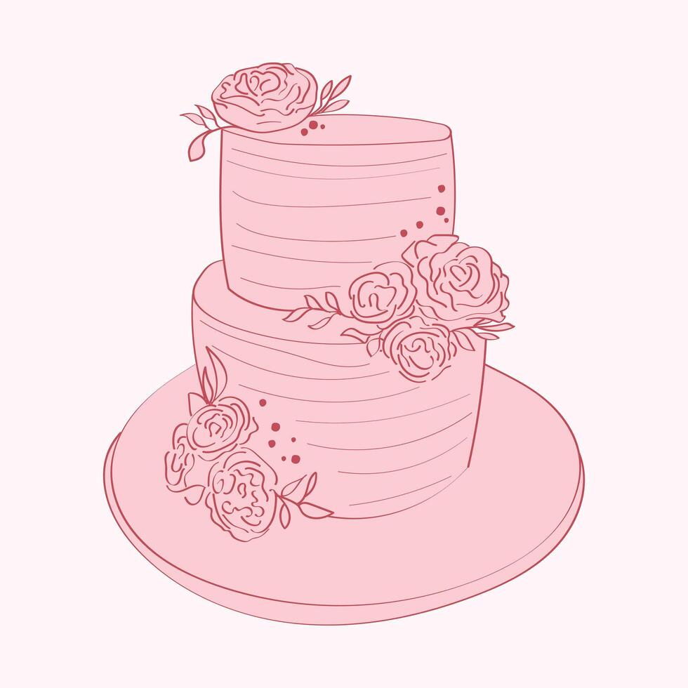 un rosado pastel decorado con intrincado rosas en arriba, pintado a mano con como un garabato diseños el pastel es desplegado en un blanco superficie vector