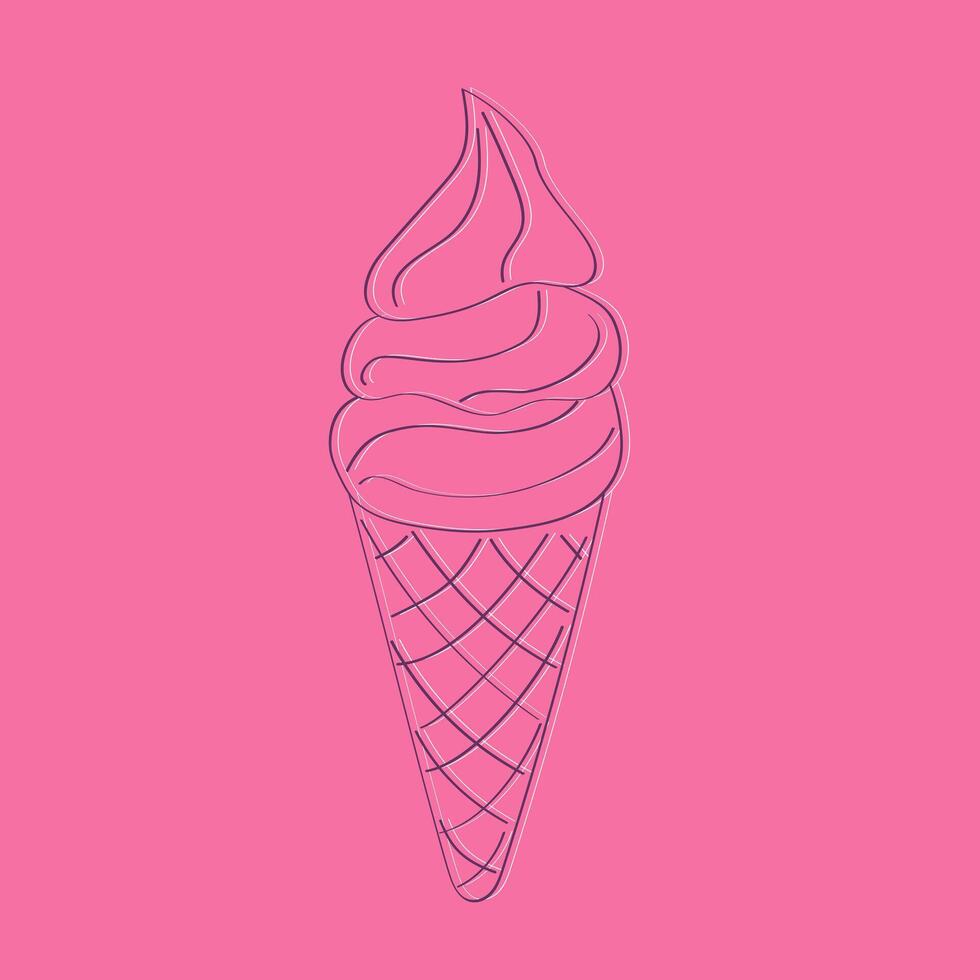A doodle-style ice cream cone is pictured on a bright pink background. The cone is filled with swirls of ice cream in pastel colors, creating a playful and delicious image vector