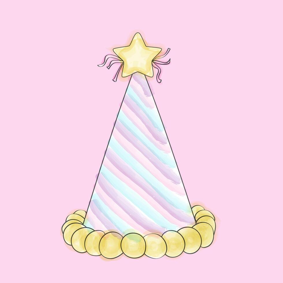 A hand-painted watercolor birthday hat featuring a star on top. The hat is colorful and festive, perfect for celebrating a special occasion vector