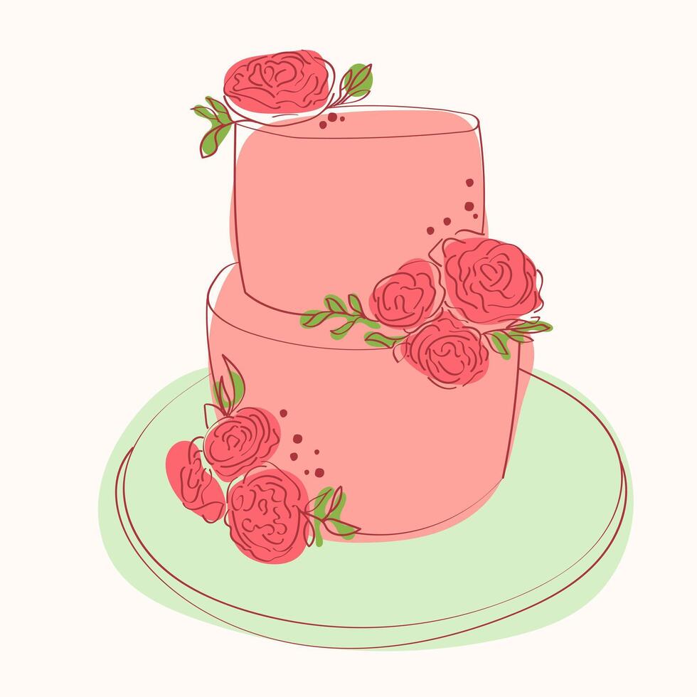 Two-layer pink cake adorned with intricate rose decorations on top. The cake appears to be hand painted with a delicate and detailed design vector
