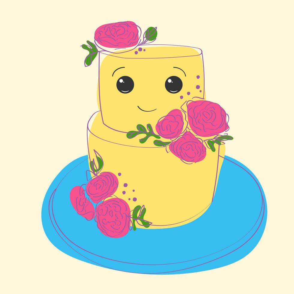 amarillo pastel adornado con pintado a mano rosas en arriba, agrega un toque de elegancia y belleza a el delicioso postre. el vibrante colores y delicado detalles de el rosas hacer esta pastel un maravilloso vector