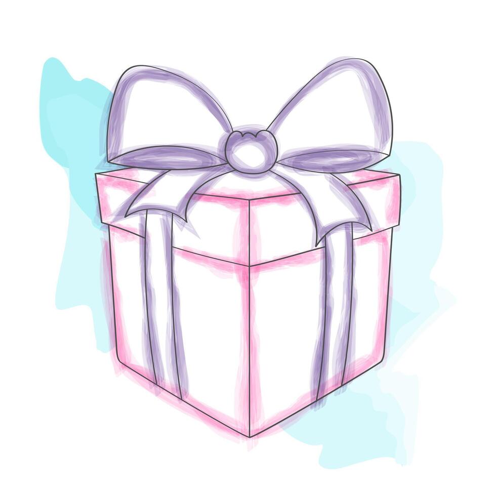 un garabatear pintado a mano acuarela rosado regalo caja con un púrpura arco se sienta en un mesa, exhibiendo sus elegante diseño y vibrante colores vector