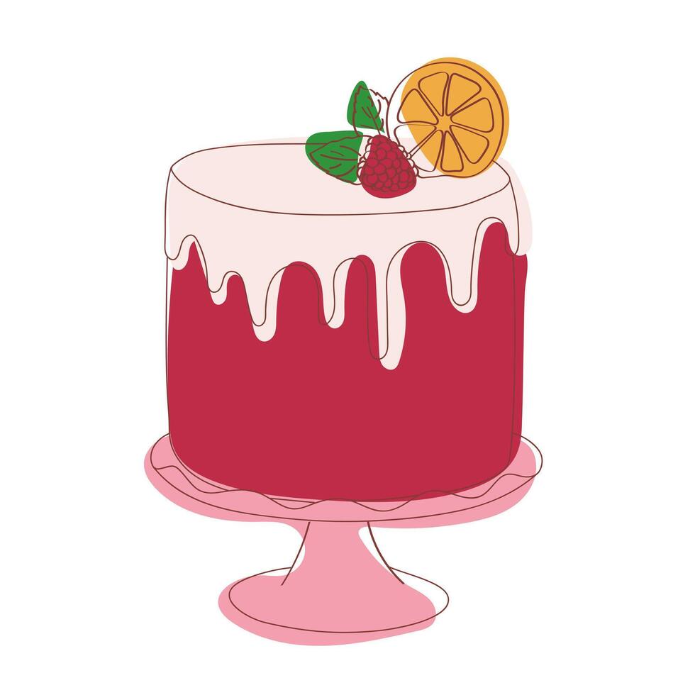 A red cake with white icing is topped with a slice of orange, creating a striking and vibrant dessert. The cake looks delicious and inviting, perfect for a special occasion or celebration vector