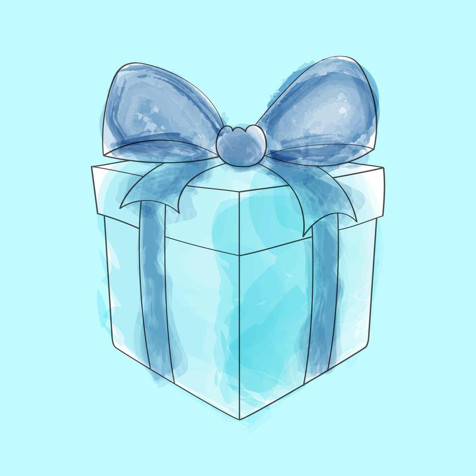 un garabatear mano pintado acuarela regalo caja en azul, presentando un pareo azul arco. el caja es esmeradamente envuelto y Listo para regalar vector