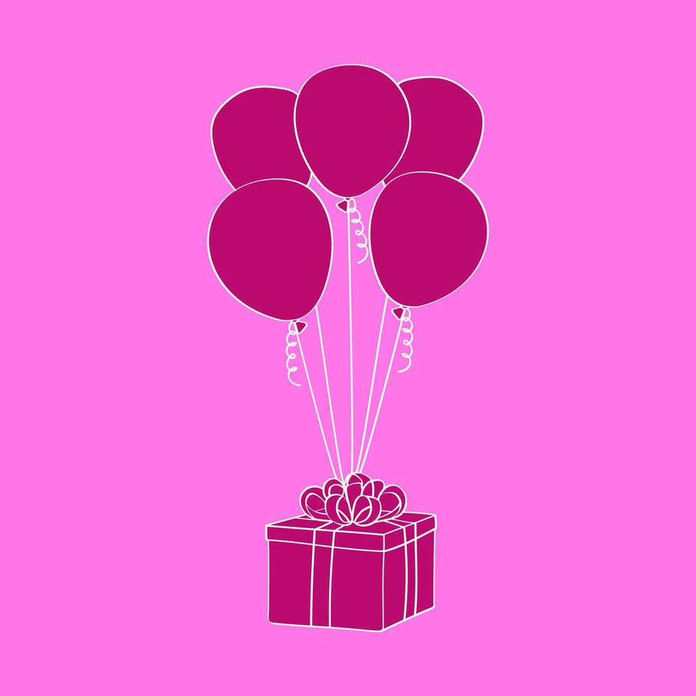 A pink background featuring a colorful present and festive doodle hand-painted balloons. The balloons are floating above the present, creating a fun and celebratory scene vector