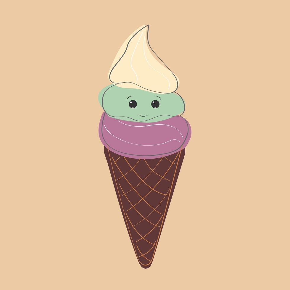 An ice cream cone featuring three different colors swirling together in a delectable treat. The cone is filled with a delicious blend of flavors, making it a colorful and tasty dessert option vector