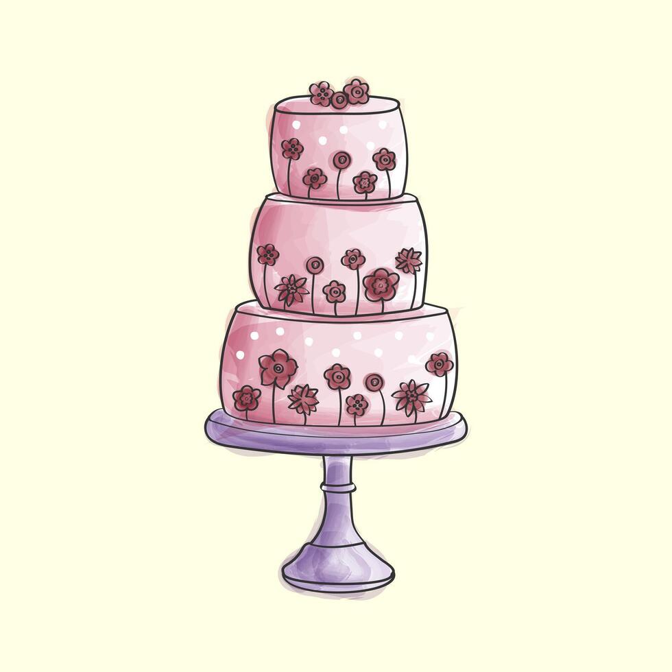 A hand-painted watercolor drawing of a three-tiered cake adorned with colorful flowers. The cake is intricately detailed with layers and frosting, while the flowers add a touch of elegance and beauty vector