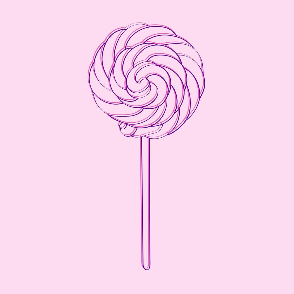 A pink lollipop, hand-painted with doodle designs, stands on a soft pink background. The candies vibrant color pops against the monochromatic backdrop, creating a visually striking contrast vector