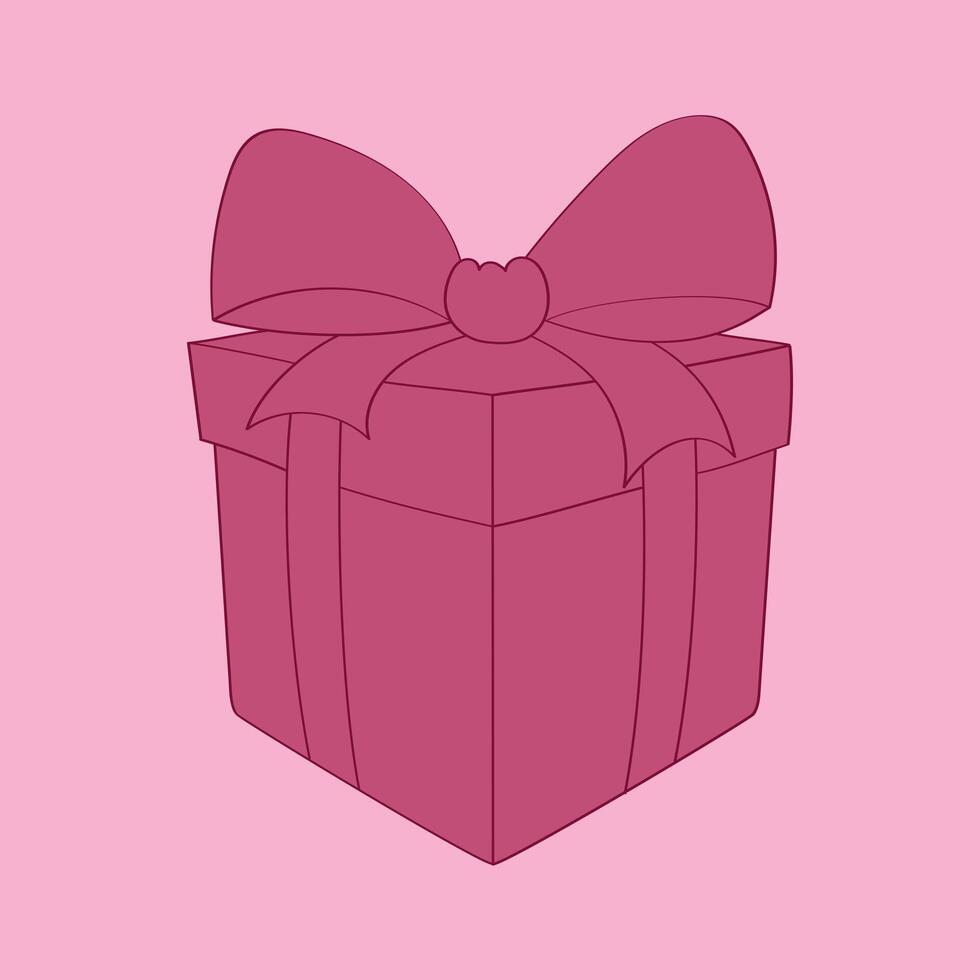 A pink box with a decorative bow on top, hand-painted with doodle designs. The box is the main focus of the image, showcasing its vibrant color and intricate bow vector