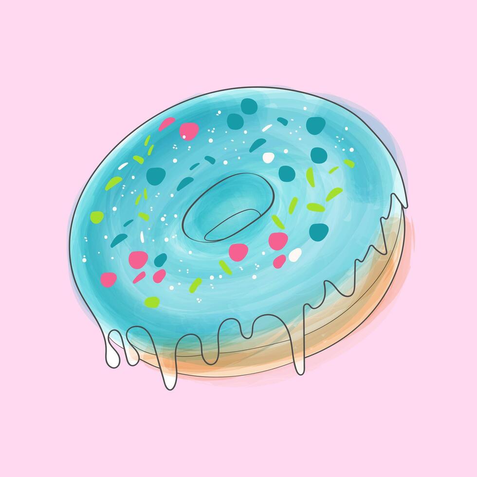 A delectable donut featuring colorful sprinkles and sweet icing on a vibrant pink backdrop. The sugary treat is perfectly displayed, tempting the viewer to indulge in its sugary goodness vector