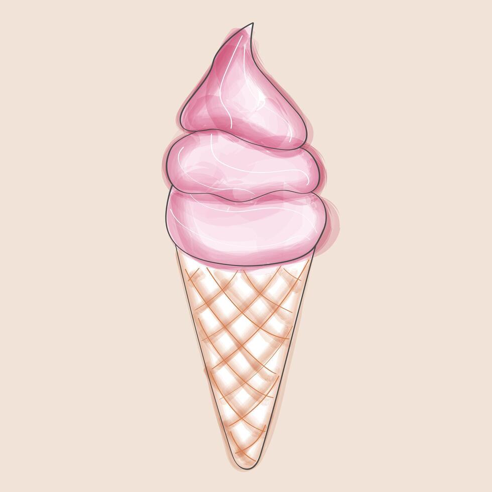 A pink ice cream sits nestled in a crispy waffle cone. The vibrant colors of the treat contrast beautifully with the neutral tones of the cone vector