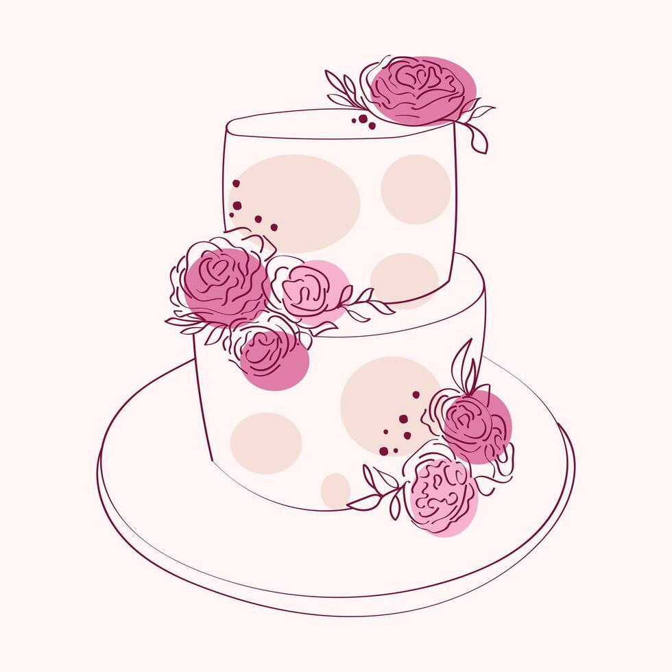 A two-tiered cake adorned with delicate pink flowers on the top layer. The cake appears to be hand-painted with intricate designs vector