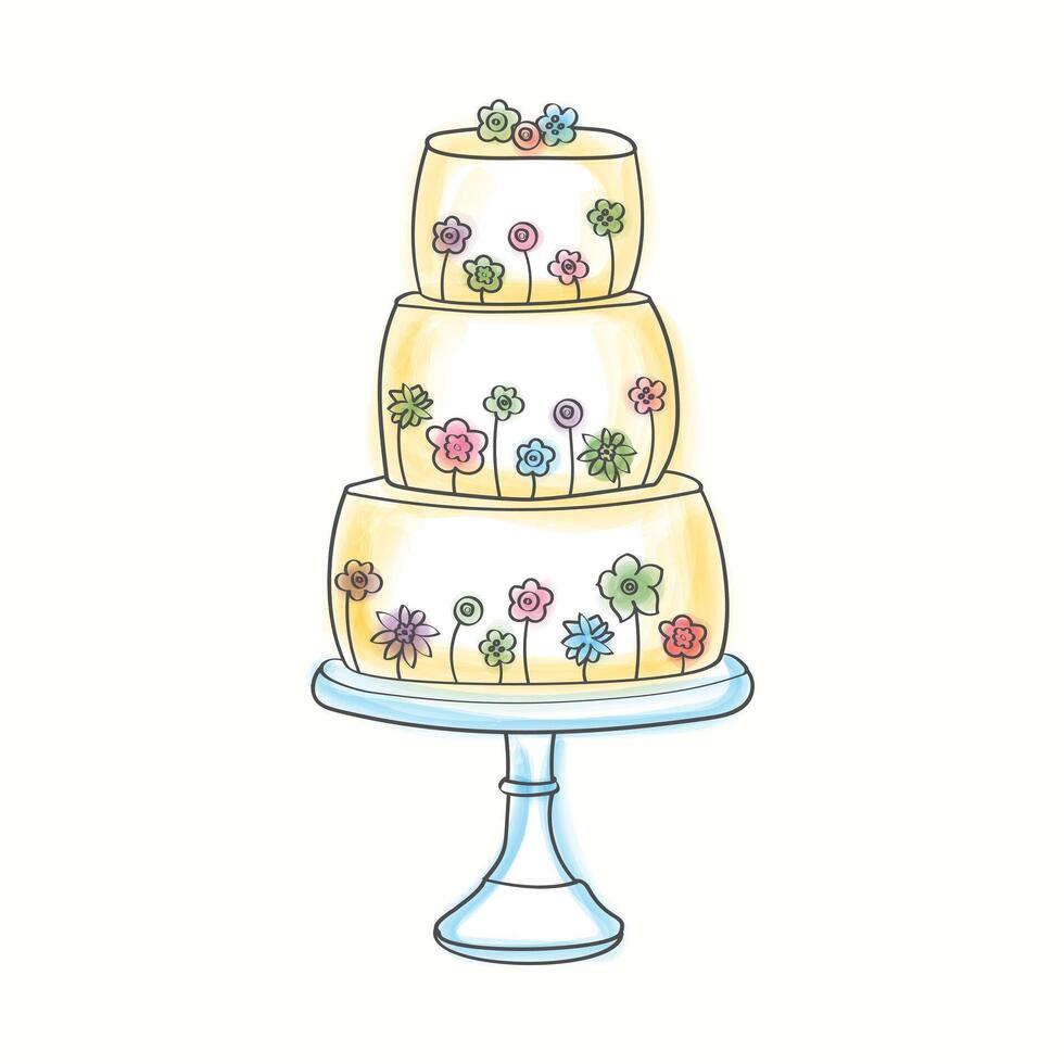 A decorated three-layer cake with colorful flowers showcasing intricate hand-painted watercolor designs. The cake exudes elegance and craftsmanship vector