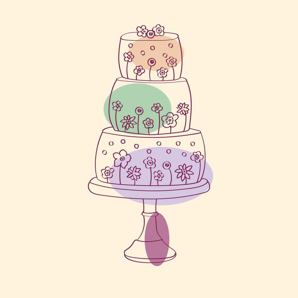 A three-layer cake with icing and decorations ready to be served. The cake is colorful and inviting, with different flavors and textures visible on each layer vector