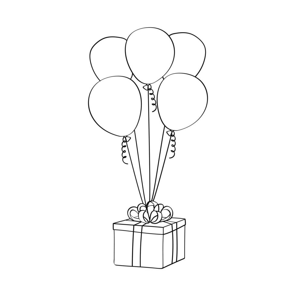 A colorful gift box adorned with balloons and a decorative bow. The balloons feature doodle hand-painted designs, adding a whimsical touch to the overall presentation vector