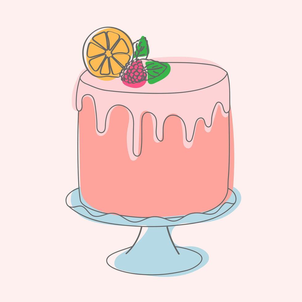 A pink cake with a slice of orange is placed on top, creating a vibrant and colorful dessert. The cake looks freshly baked and decorated with care vector