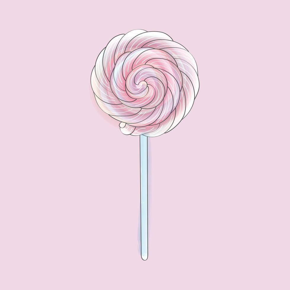A pink and white lollipop stands out against a pink background. The candy appears hand-painted with a doodle design vector