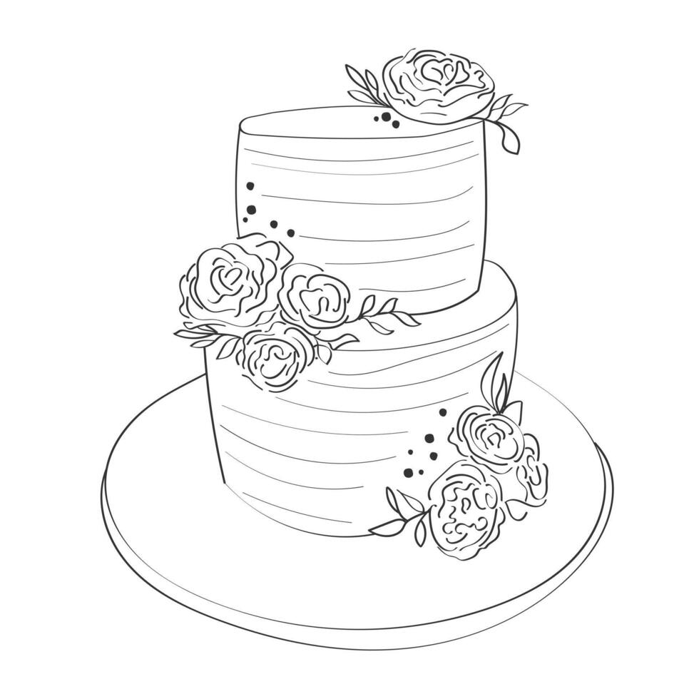 un bosquejado representación de un dos niveles Boda pastel adornado con Rosa adornos y delicado Formación de hielo detalles. el pastel es metido en un pararse, planificación etapa para un celebracion vector