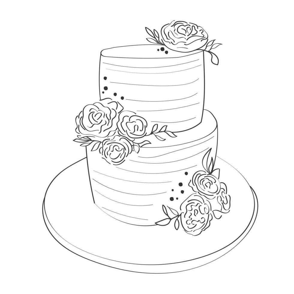 A sketched representation of a two-tier wedding cake adorned with rose embellishments and delicate icing details. The cake is placed on a stand, planning stage for a celebration vector
